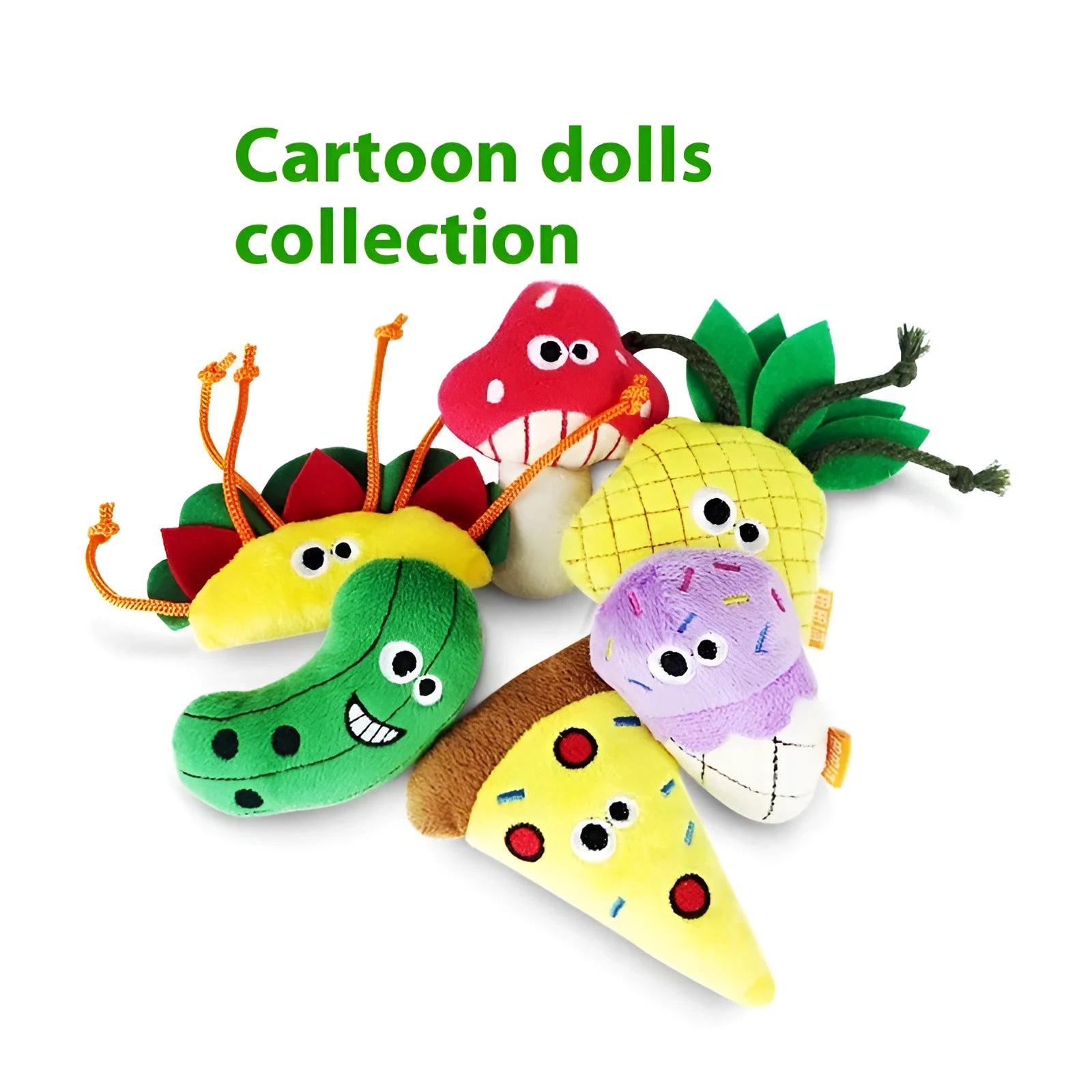 Tiantianmao set of six plush cat toys shaped like food: burrito, cone, cucumber, mushroom, pineapple, and pizza.
