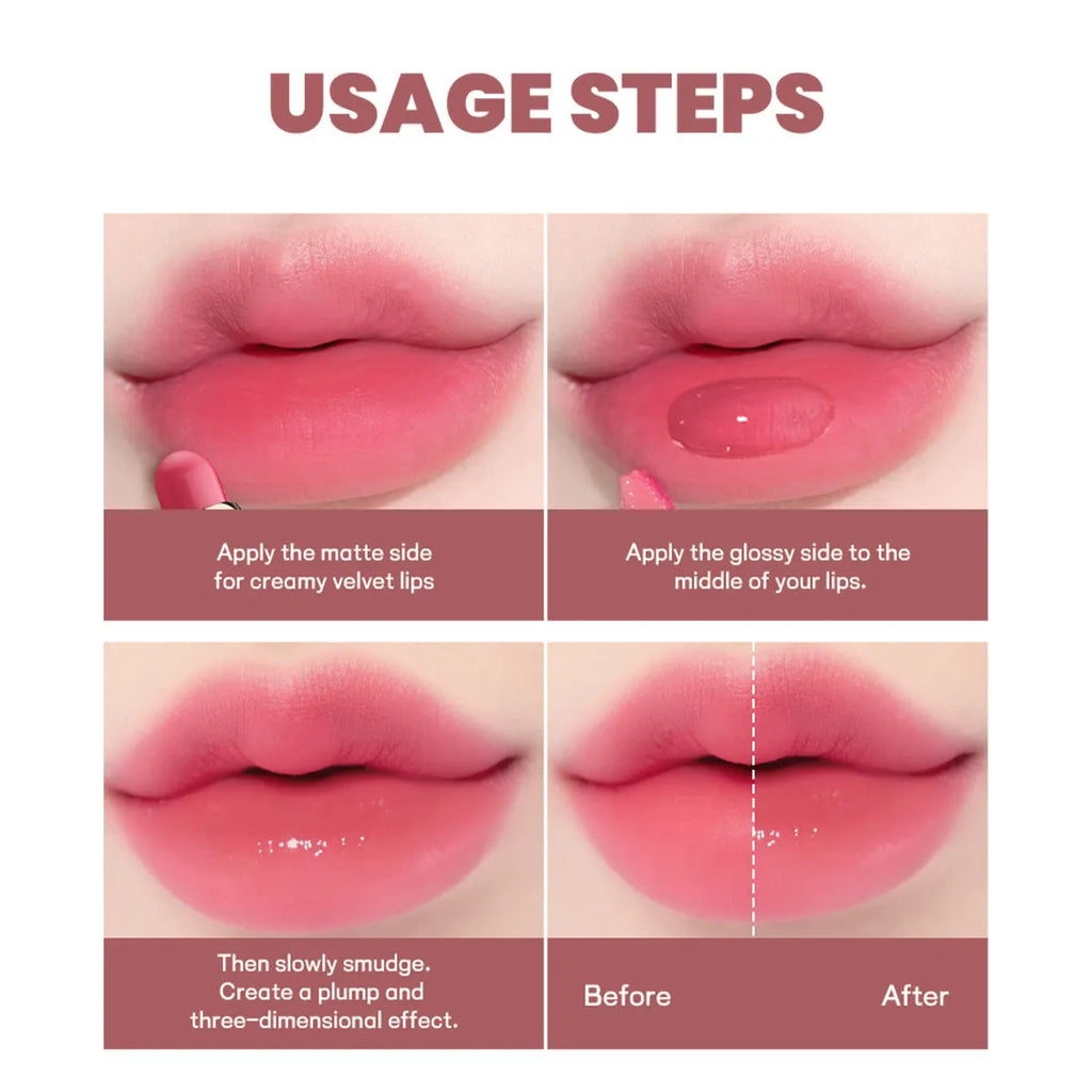 Double-headed lipstick showing matte and glossy finishes in one of 10 available colours