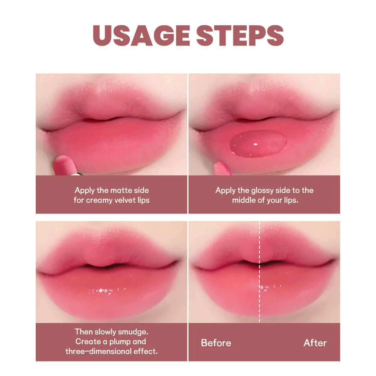 Double-headed lipstick showing matte and glossy finishes in one of 10 available colours