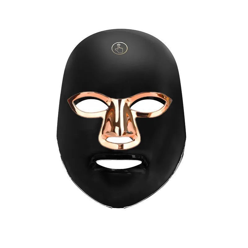 Rechargeable manual touch LED beauty mask in white golden edge colour with adjustable strap.