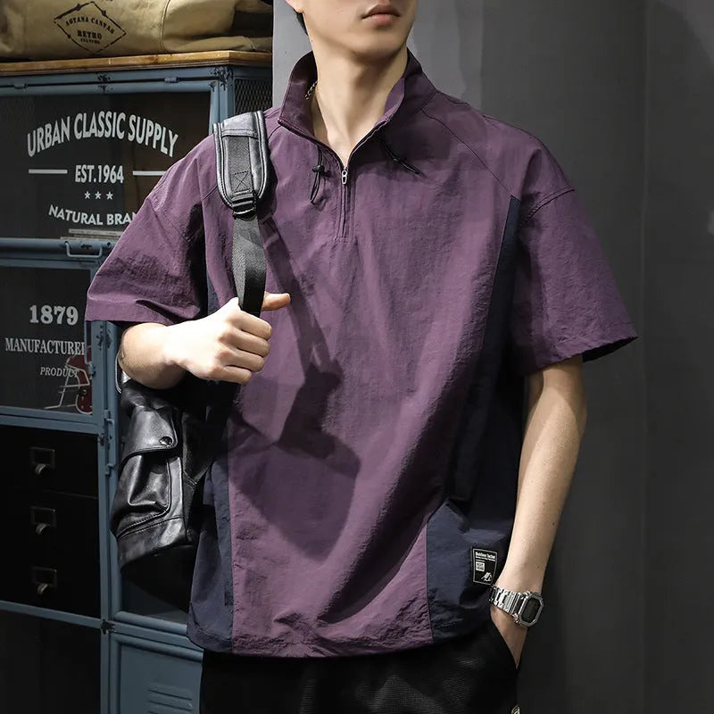 Men's brown Ice Silk business shirt with half-zip stand collar and short sleeves