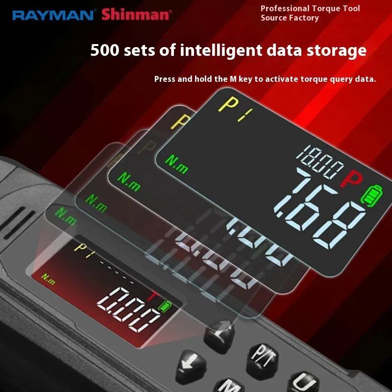 Electronic digital torque wrench with LCD screen and chrome-vanadium steel body.