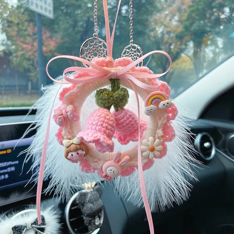 Handmade woven wool bell orchid car pendant in multiple colour options