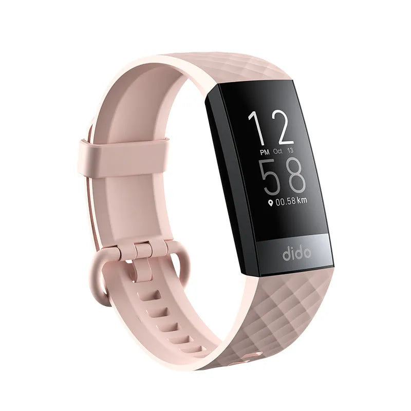 Black smart health bracelet with 1.1-inch display showing blood pressure and heart rate monitoring data