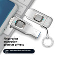 Black fingerprint encrypted USB flash drive showing USB 3.0 connector and Type-C interface with metal casing