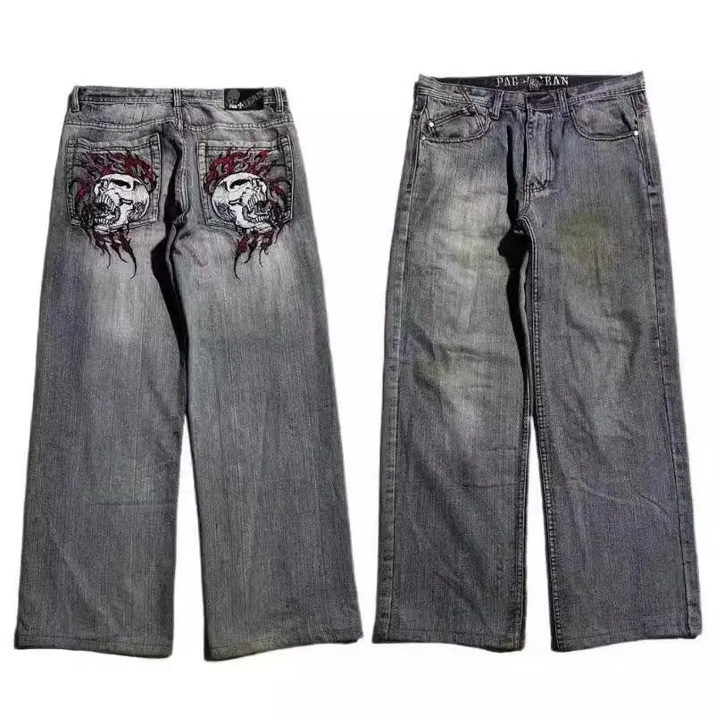 Men's grey wide-leg jeans with retro washed look and straight-leg design