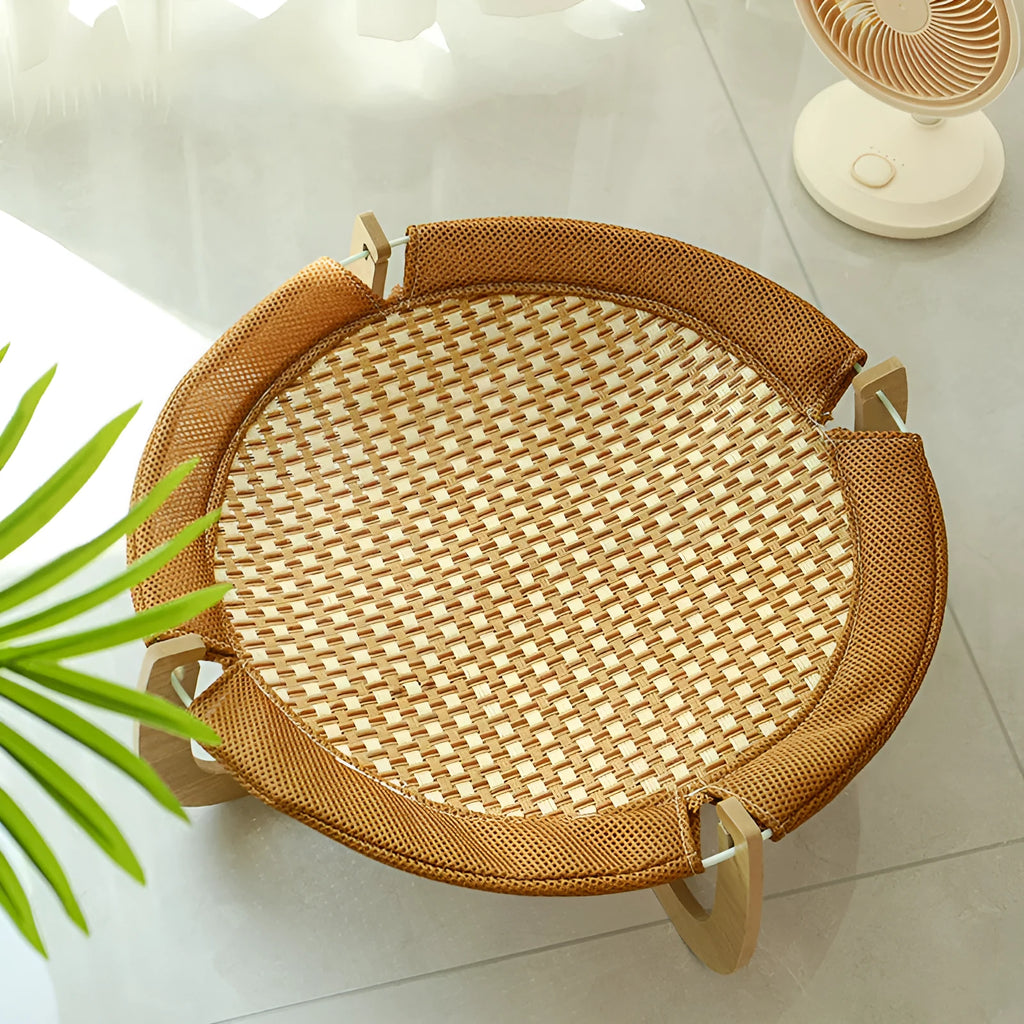 Brown woven rattan pet bed hammock for cats and small dogs, off-ground design