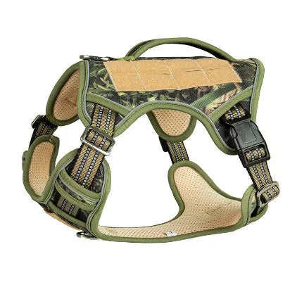 Tactical dog chest harness in Oxford cloth for search and rescue work, shown in camouflage colour.