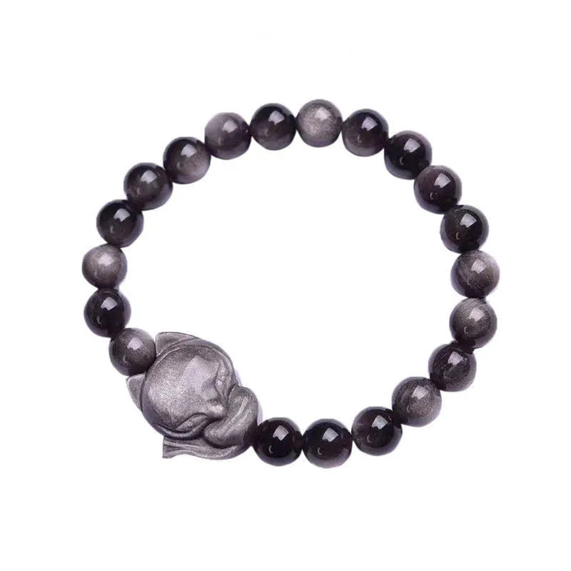 Obsidian fox charm bracelet with adjustable leather cord and sliding knot closure