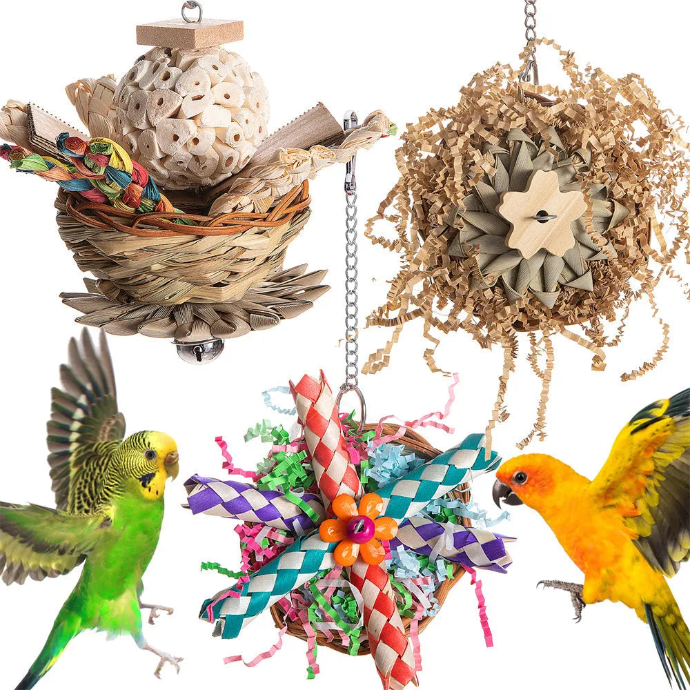 Set of three bird chewing toys for parrot gnawing and molar activities