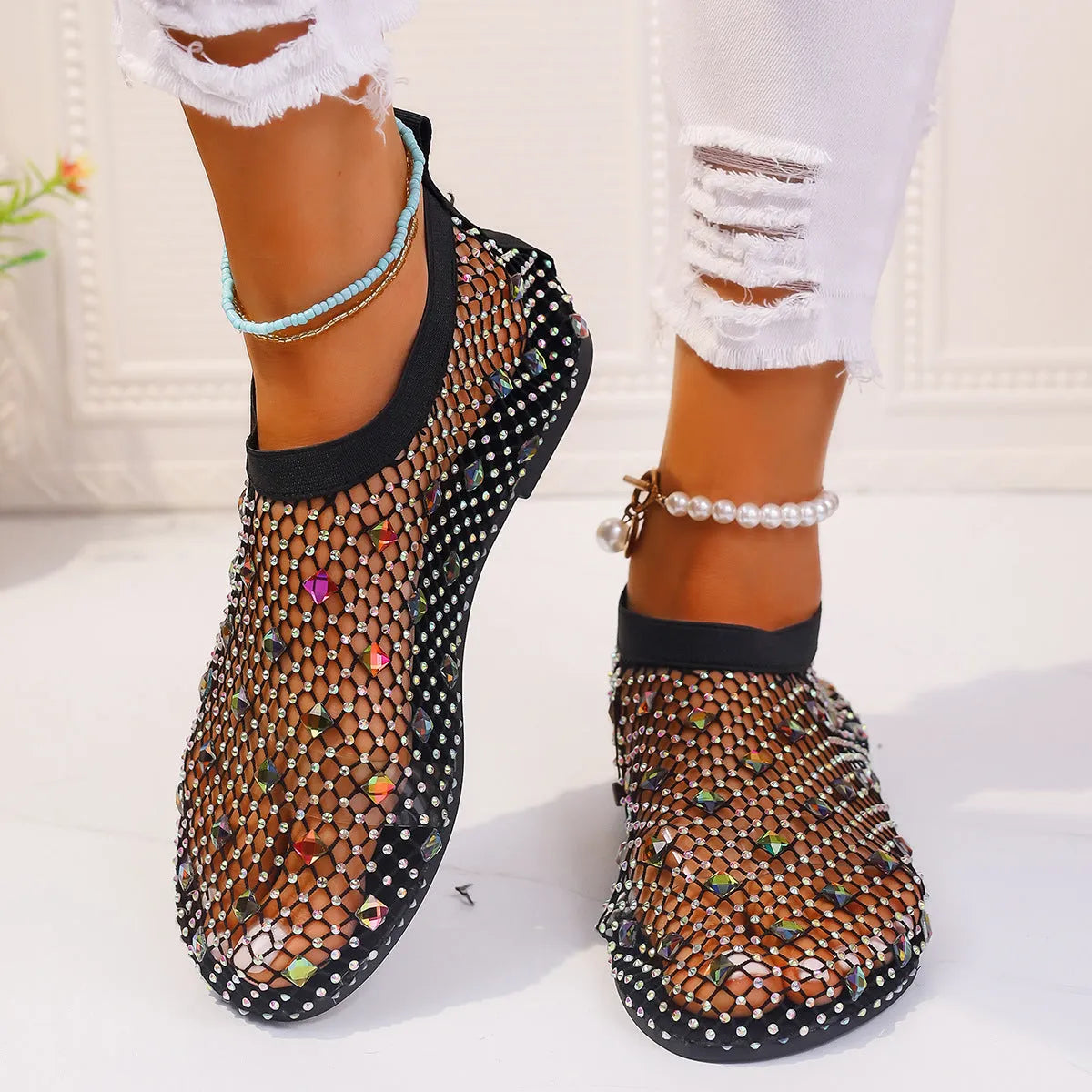 Women's colourful rhinestone mesh flat sandals with round toe and medium height upper