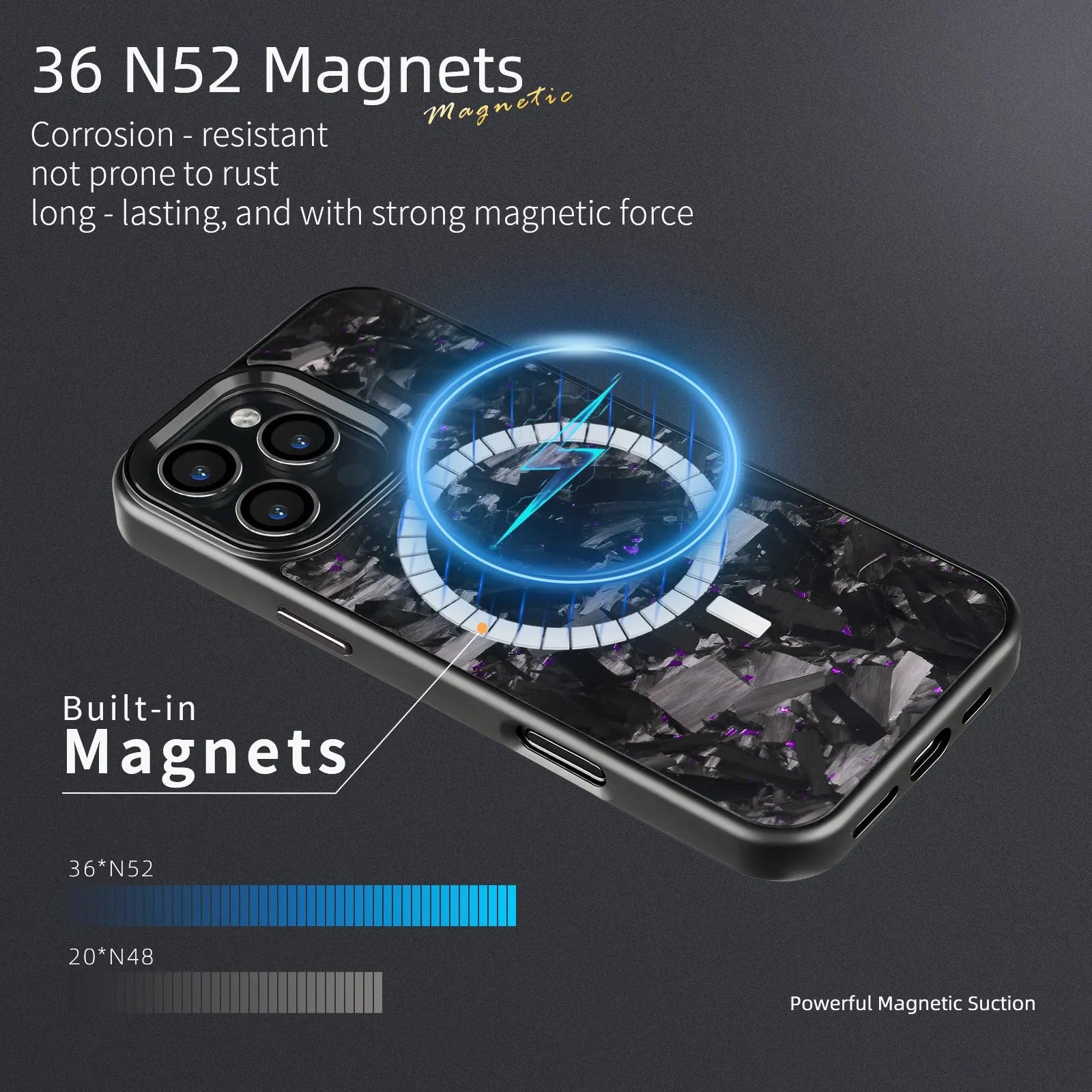 Black carbon fibre magnetic protective phone case with metal forged pattern frame for iPhone 17 series.