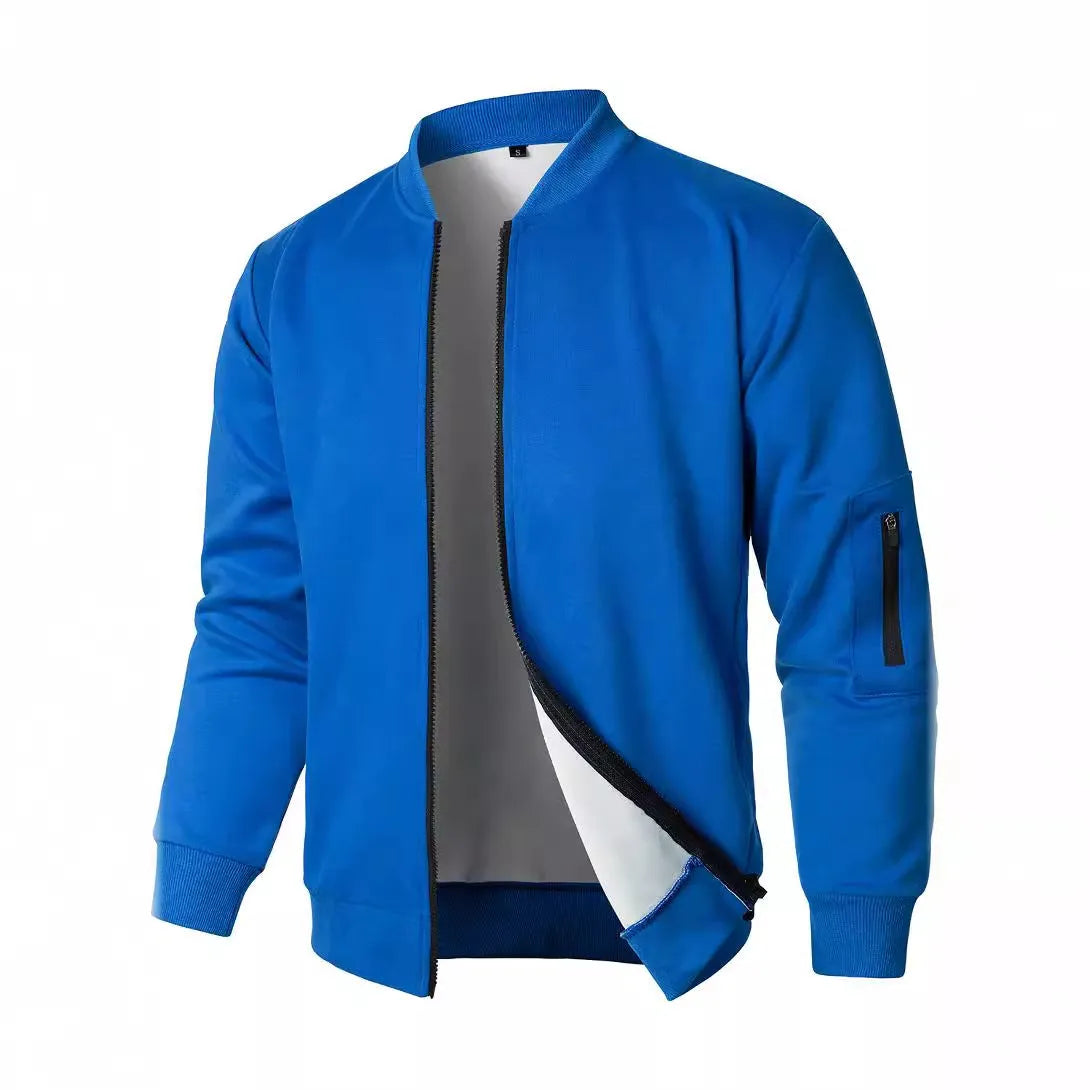 Men's loose fit knitted jacket in black, blue, or grey, showing long sleeves and light business style.