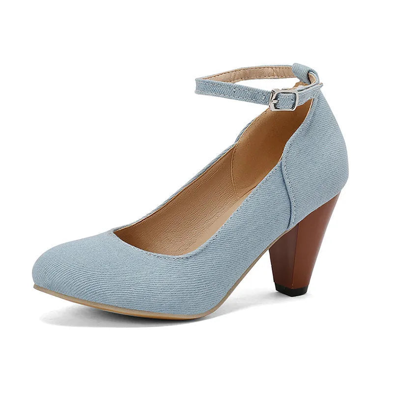 Blue denim women's platform heels with buckle closure and waterproof construction
