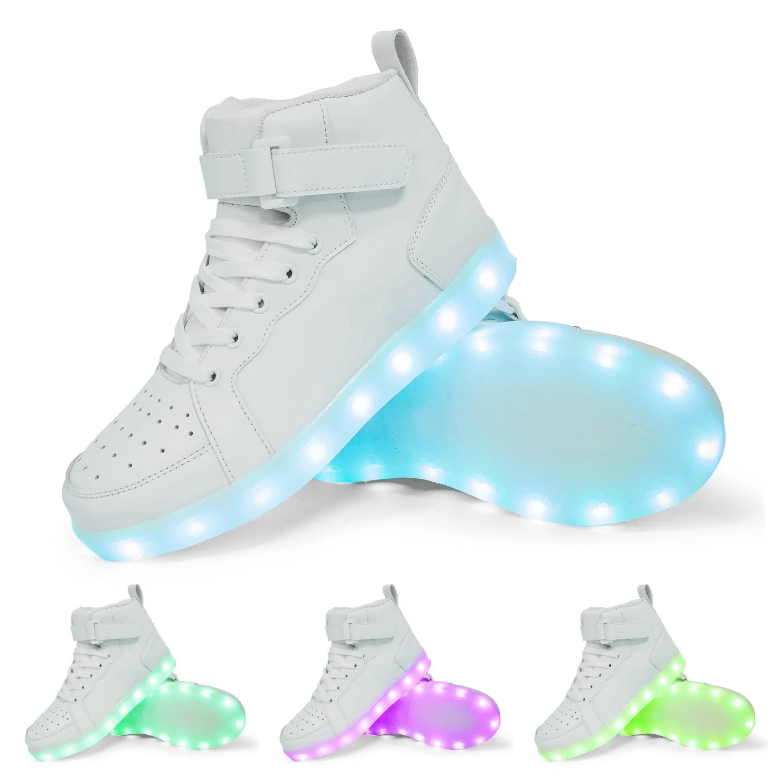 High-top trainer with LED lights on the side, Velcro strap closure, shown in gold colour.