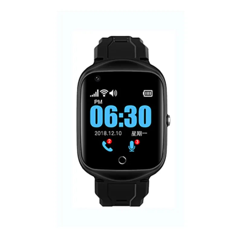 Square screen elderly phone watch with silicone strap in black, blue, or silver colour options