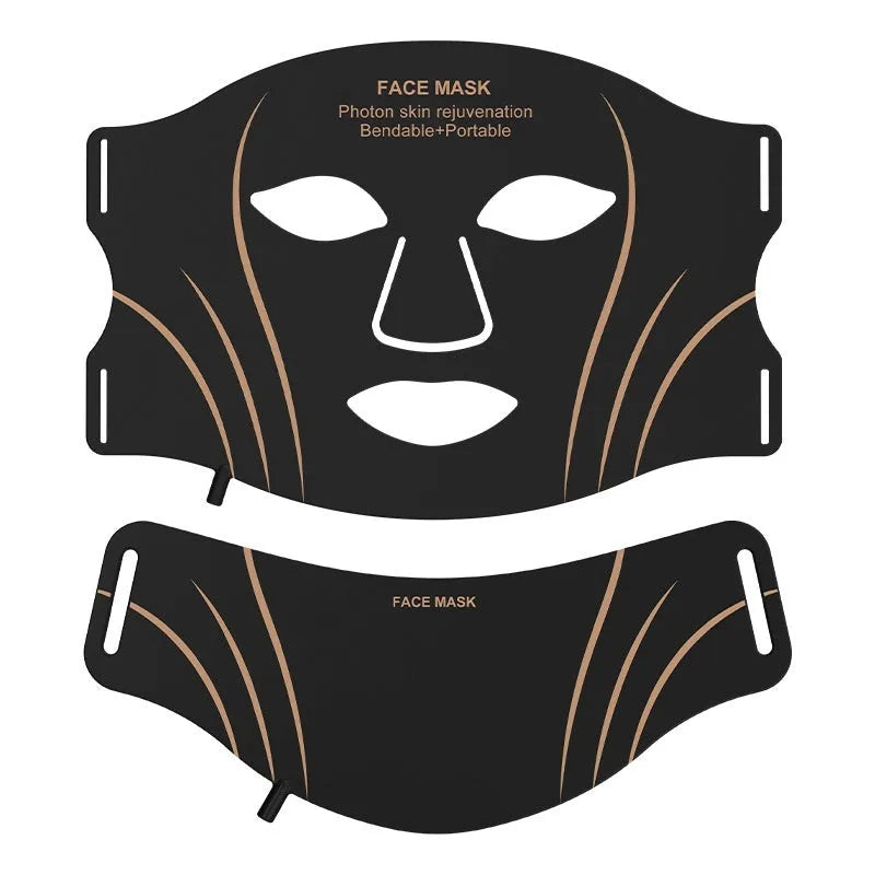 Black gold hard shell IPL and LED facial beauty mask with touch screen and adjustable headband.