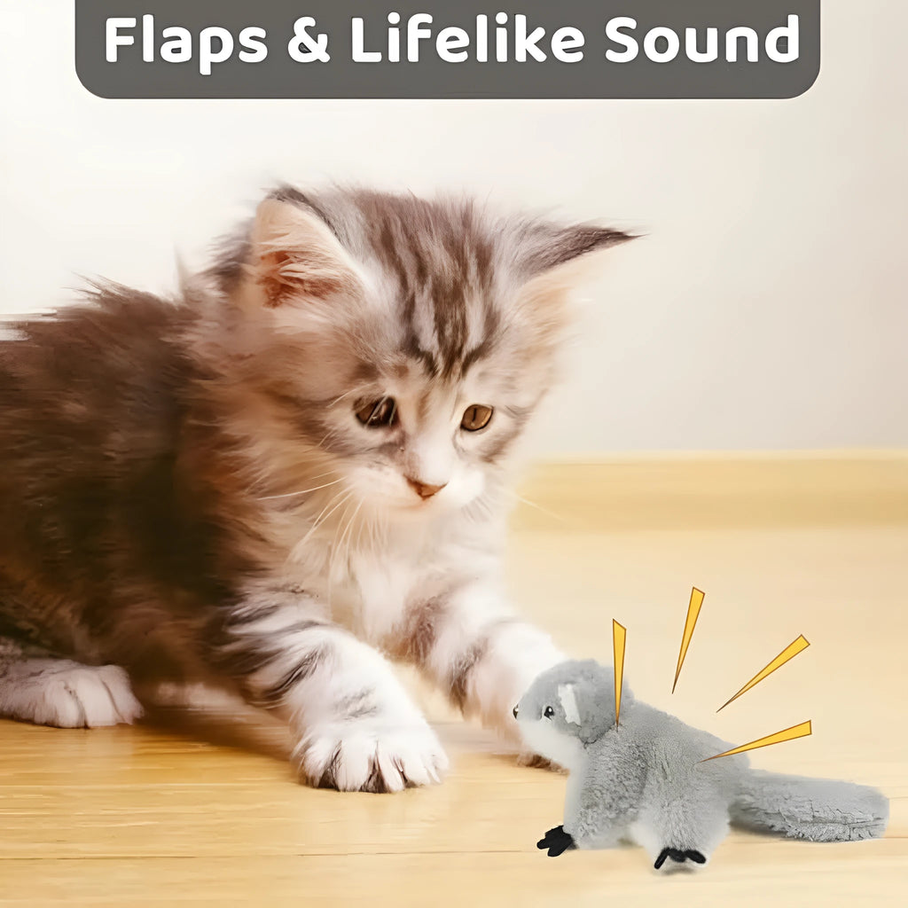 Grey flapping squirrel cat toy with USB charging cable on neutral background