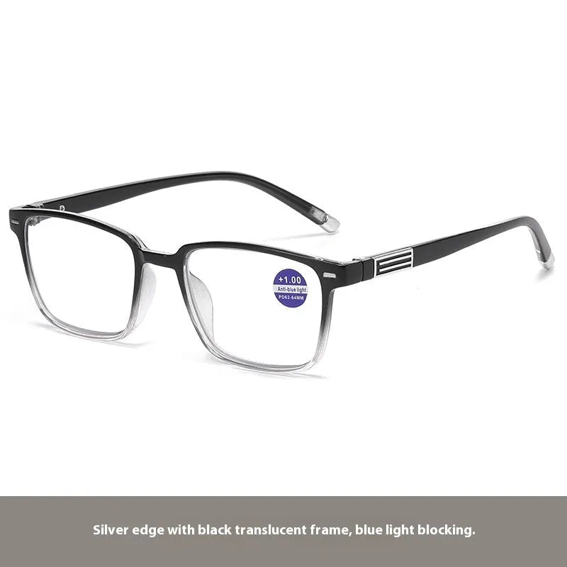Multifocal reading glasses with photochromic blue light filtering lenses in various frame styles