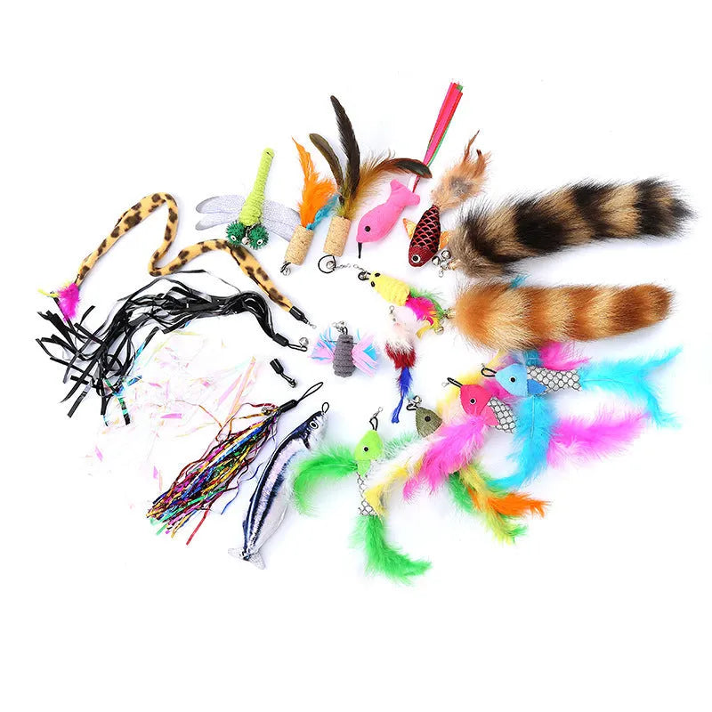 Cat teaser fishing rod set with feather heads and 30 cm poles for interactive play