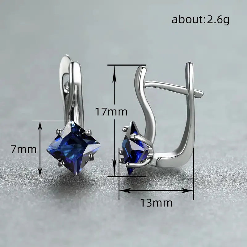 Women's copper diamond design earrings with inlaid zircon in blue, green and colour tone options
