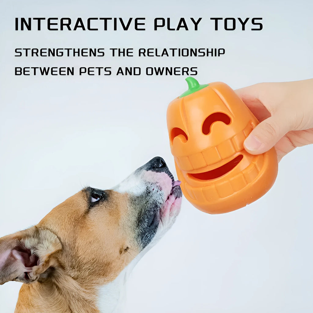 Orange Halloween pumpkin shaped interactive dog chew toy with a treat dispensing funnel.