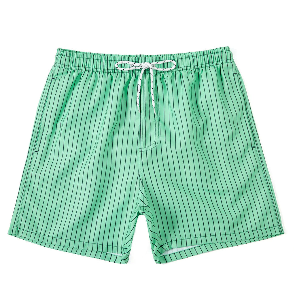 Polyester striped beach shorts with straight leg opening in navy blue, grey, khaki, or light blue colour options