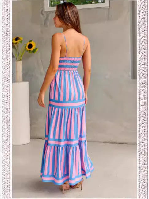 Women's striped backless summer dress with suspender straps and side pockets in polyester spandex fabric