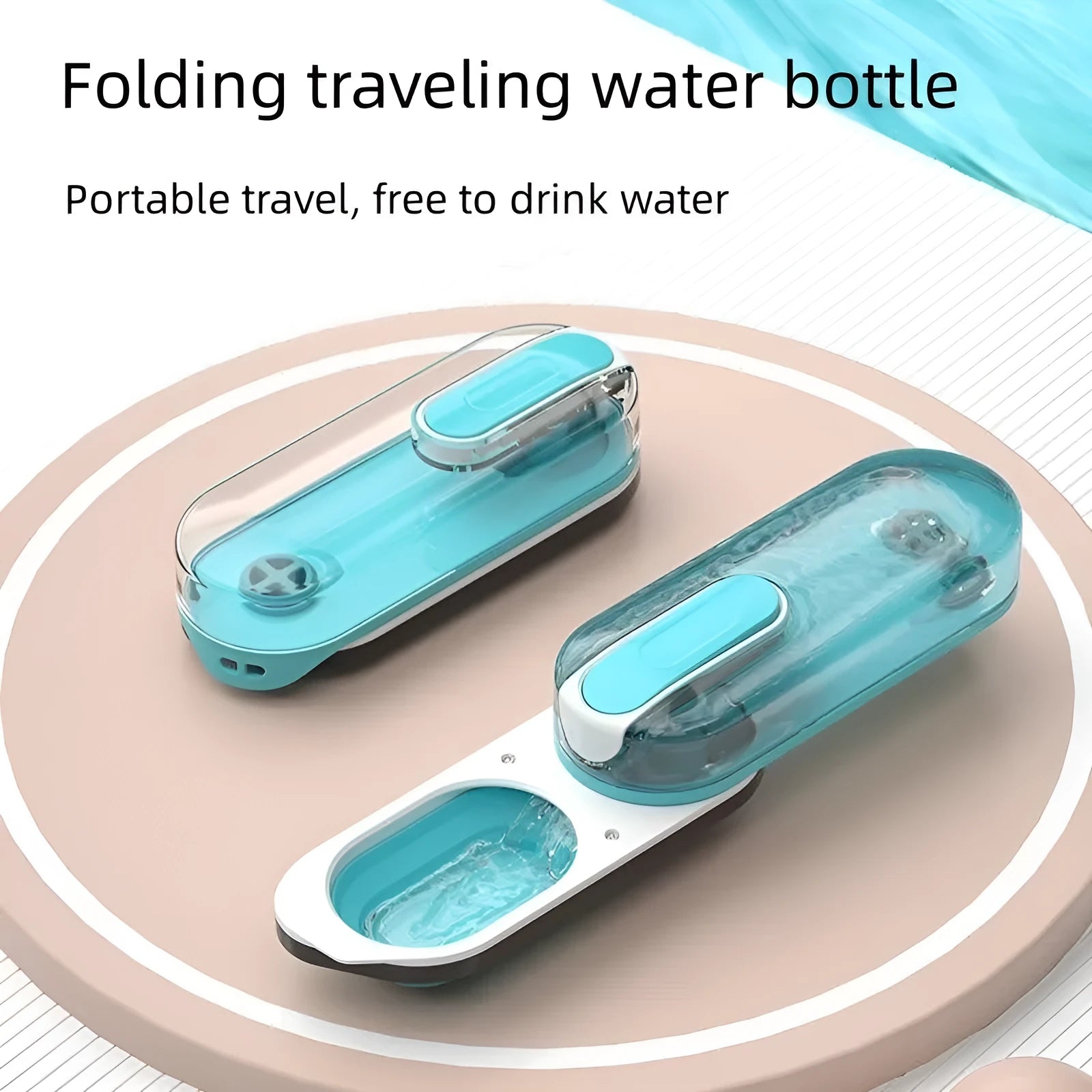 Portable foldable dog water bottle with integrated bowl in blue gray and pink for outdoor pet travel