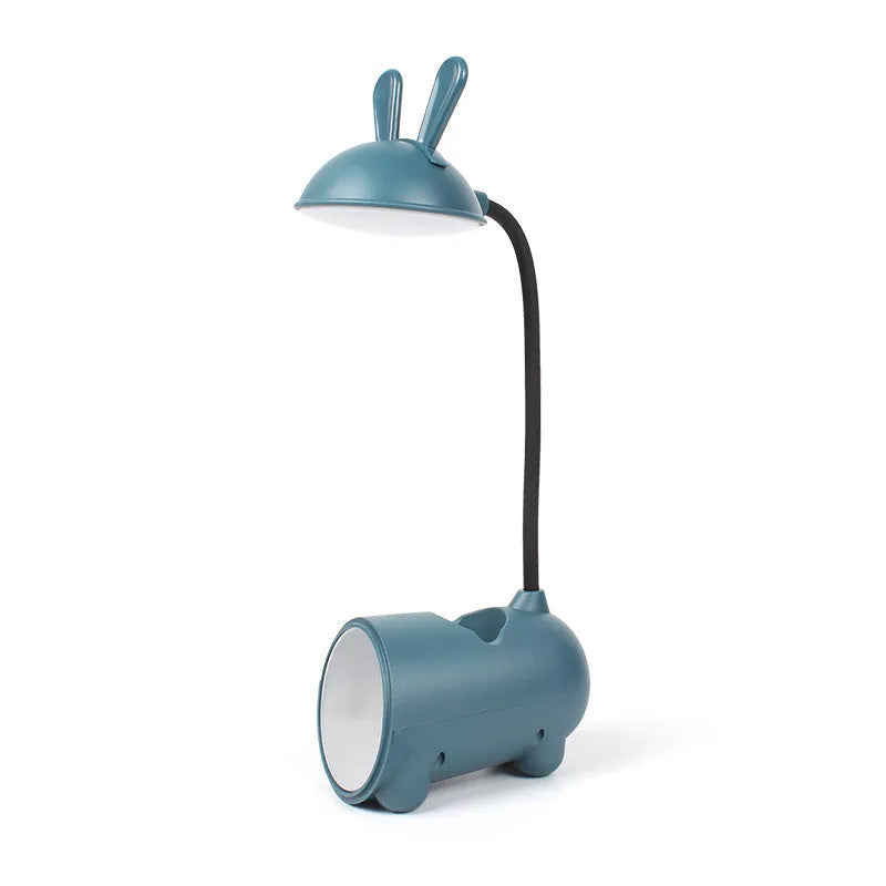 Cartoon-style plastic desk lamp with built-in pen container in dark blue colour