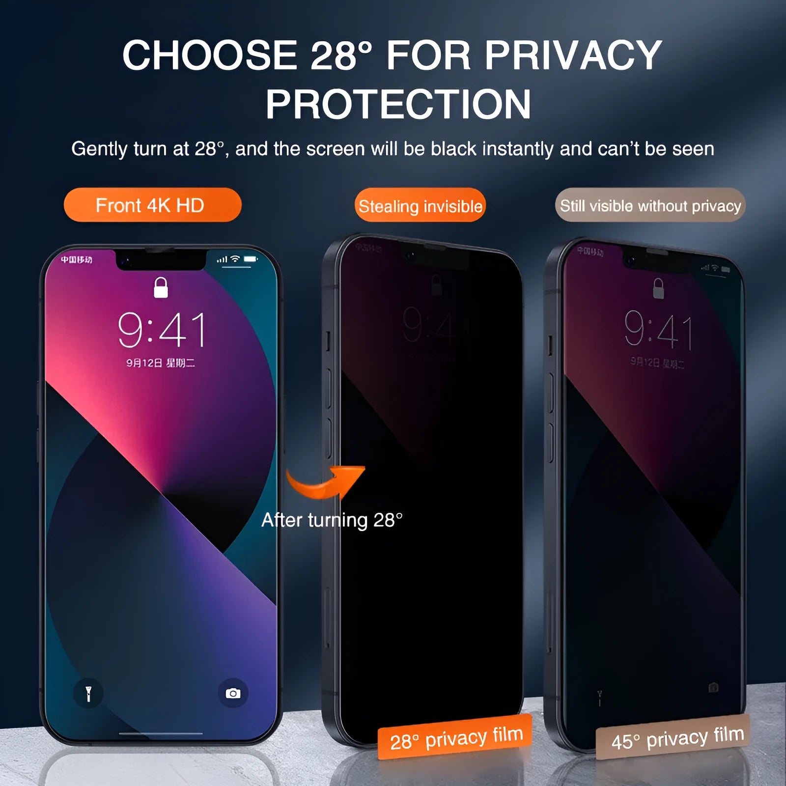 Anti-peeping tempered glass screen protector for iPhone showing full front coverage.