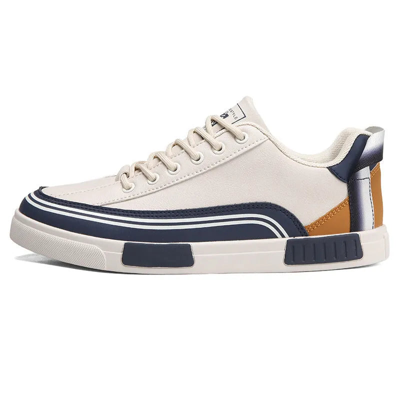 Men's beige canvas casual shoes with mesh side panels and flat heel