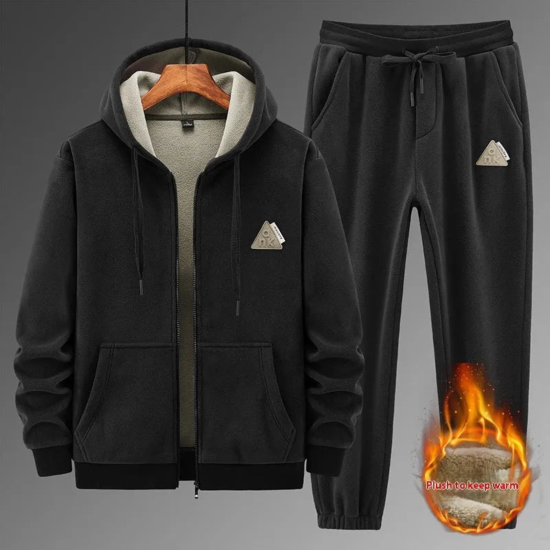 Men's grey hooded cashmere sweater and cotton pants sportswear suit laid flat