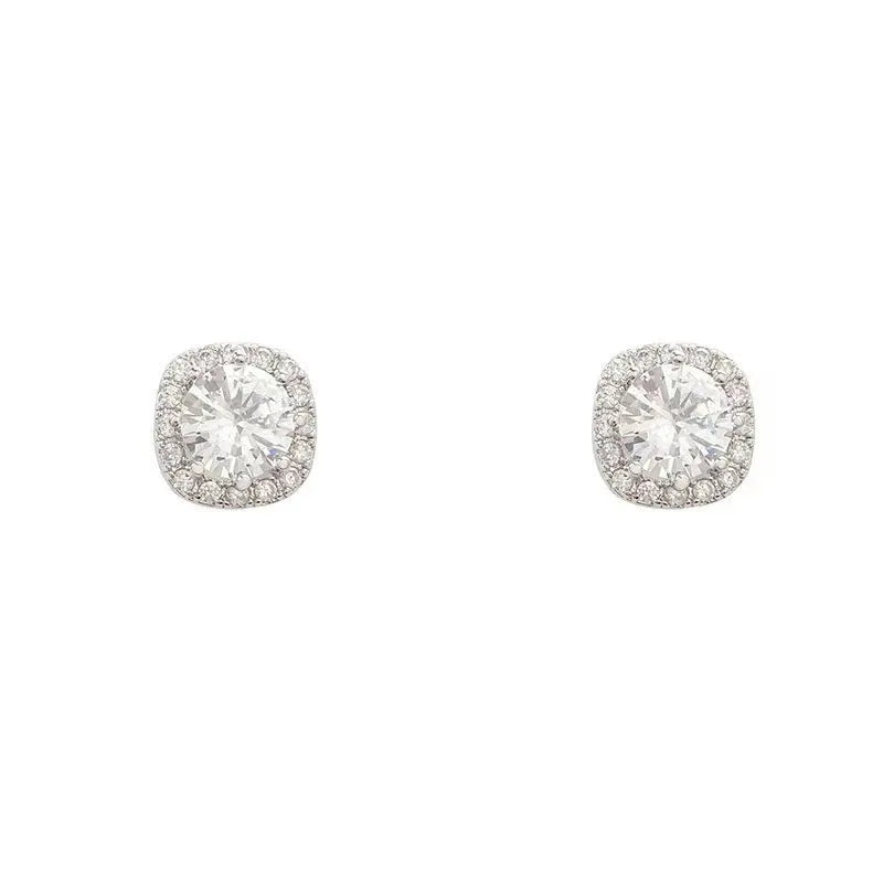 Square geometric stud earrings with diamond treatment in silver and gold colour options