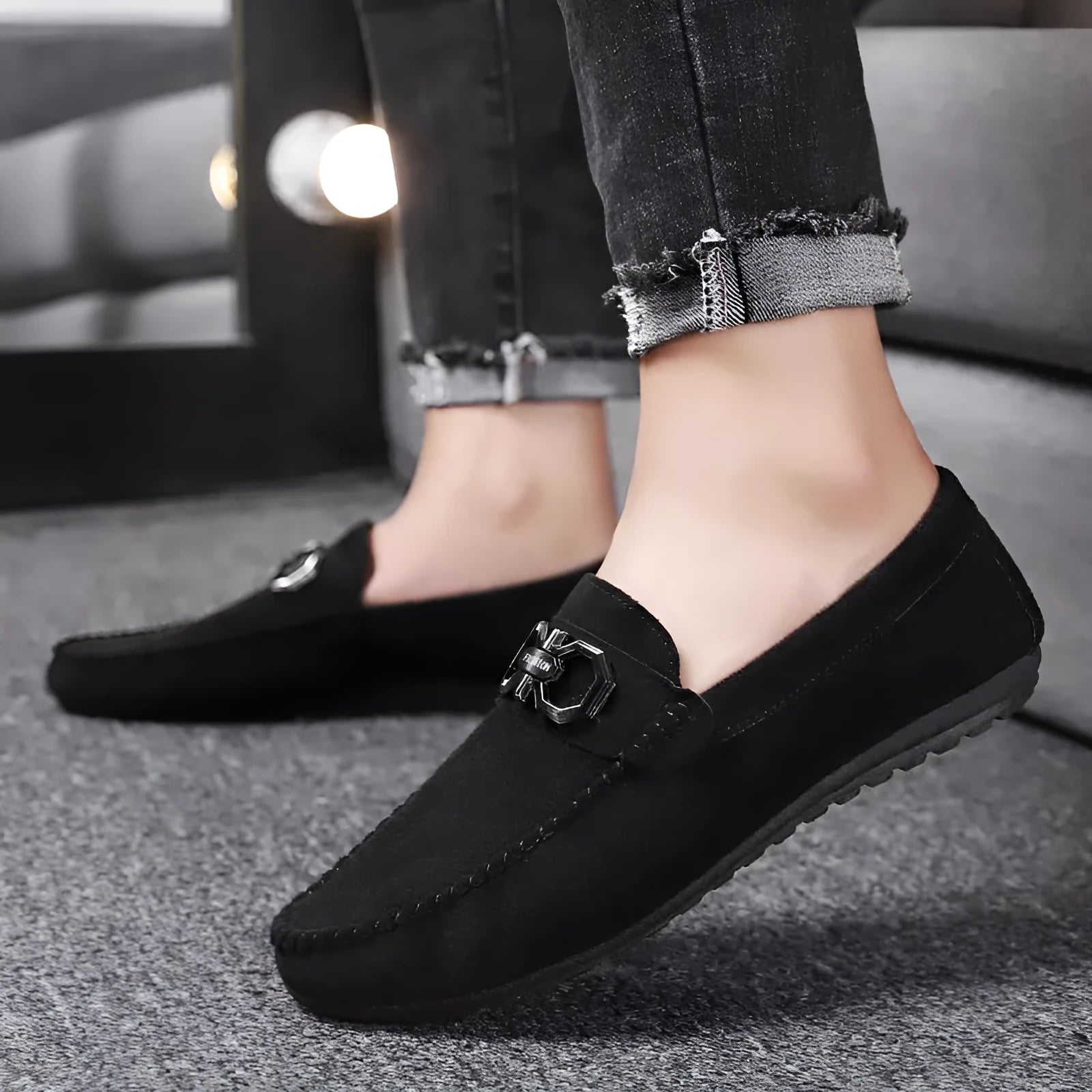 Men's black and grey suede and leather casual shoes with rubber sole for summer.