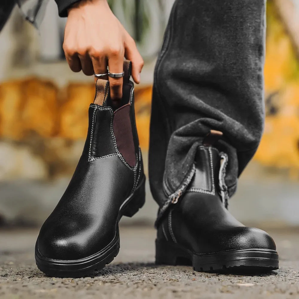 Vintage brown Chelsea boots with frosted PU upper and car suture detailing on a beef tendon sole