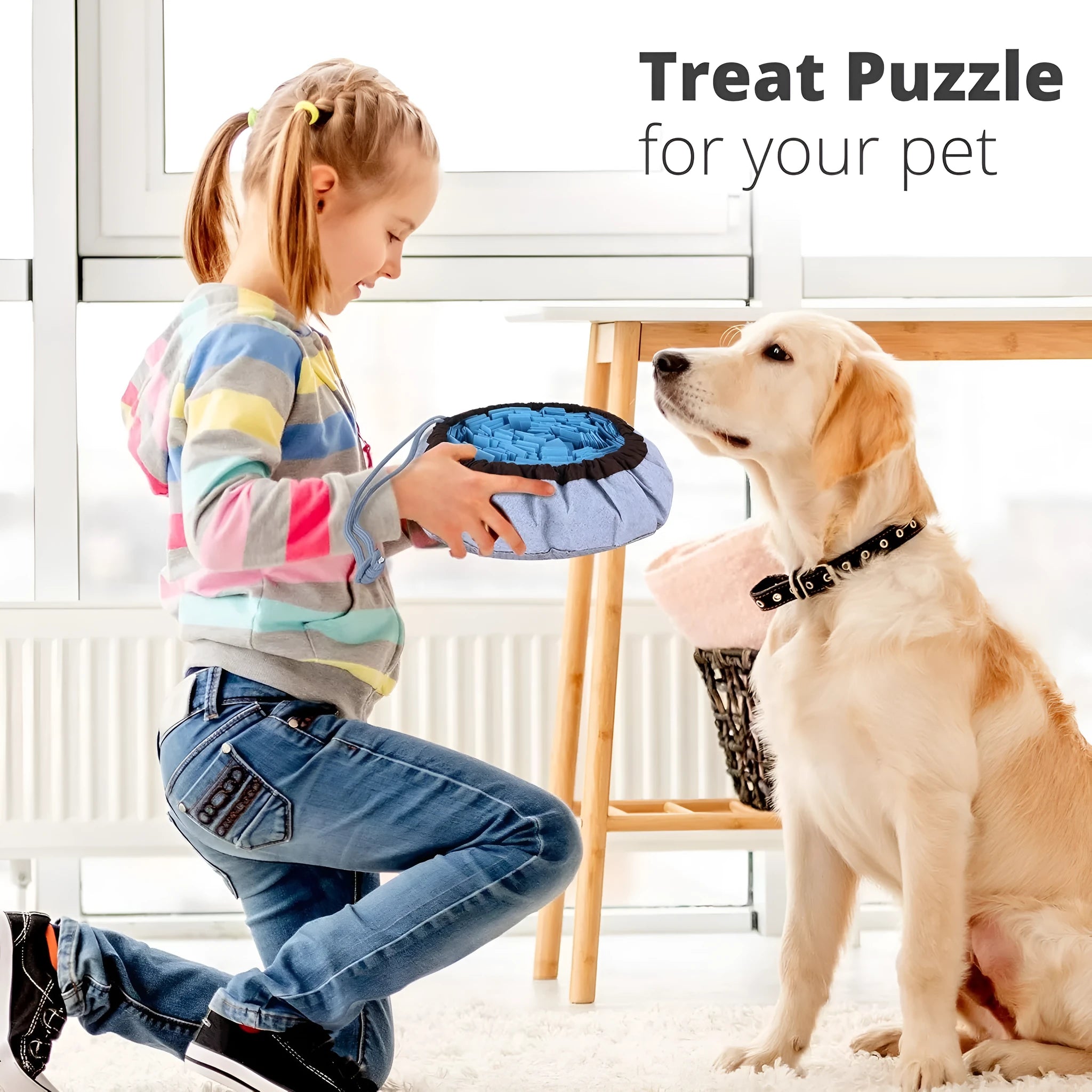 Blue adjustable foldable snuffle mat for dogs showing treat hiding pockets and non-slip backing