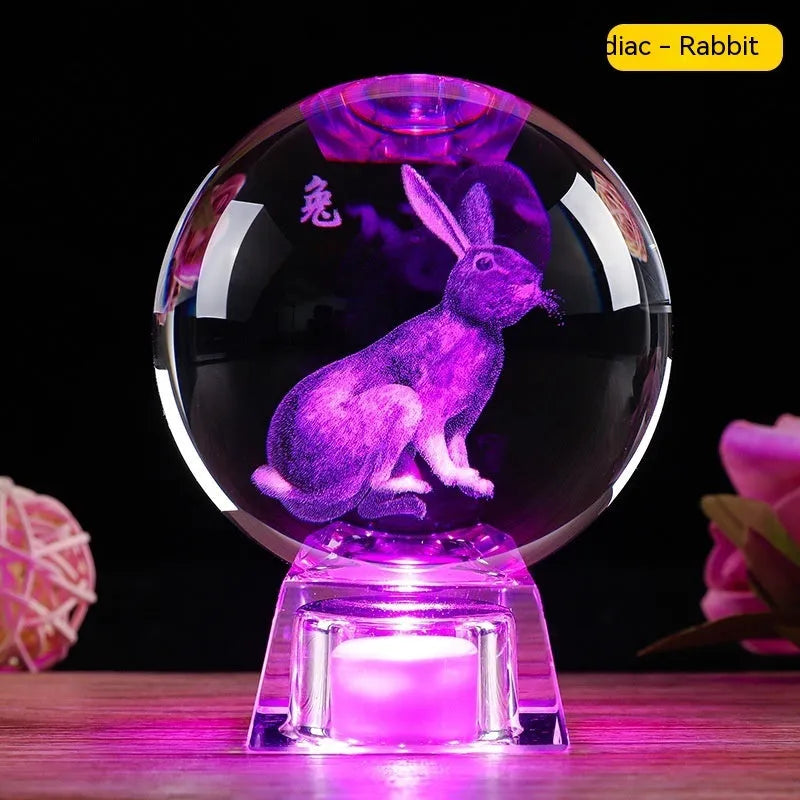 Chinese zodiac crystal ball lamp with electronic charging base showing animal design