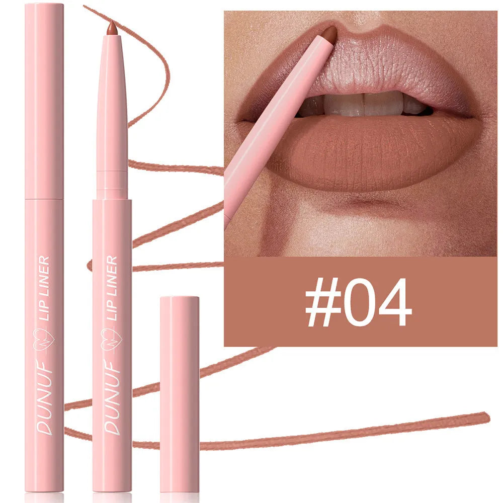 Matte velvet lip liner pencil showing 12 colour shades from nude to plum