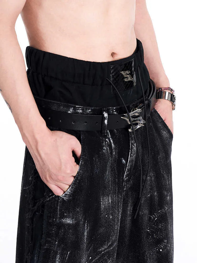 Black two-layer cowhide men's leather belt with metal letter buckle showing 110cm length