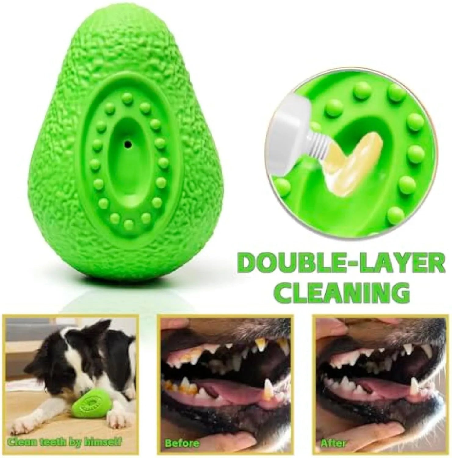 Green natural rubber dog chew toy with avocado shape and textured surface for aggressive chewers