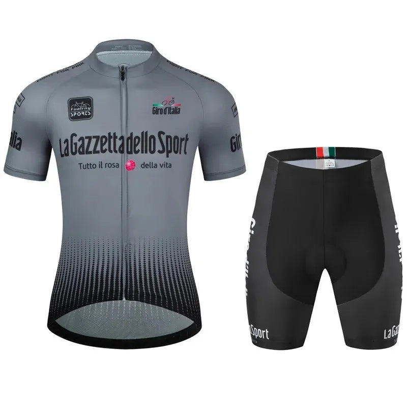 Short sleeve cycling jersey in a colour option, laid flat to show unisex cut and breathable polyester fabric.