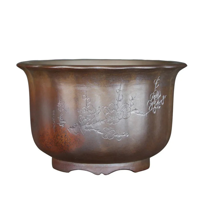 Purple sand ceramic bonsai flowerpot with wood fired antique carved design