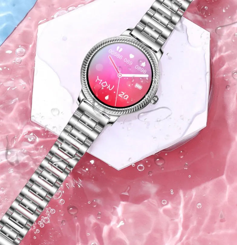AK38 ladies smart watch with stainless steel band and 1.09-inch colour screen