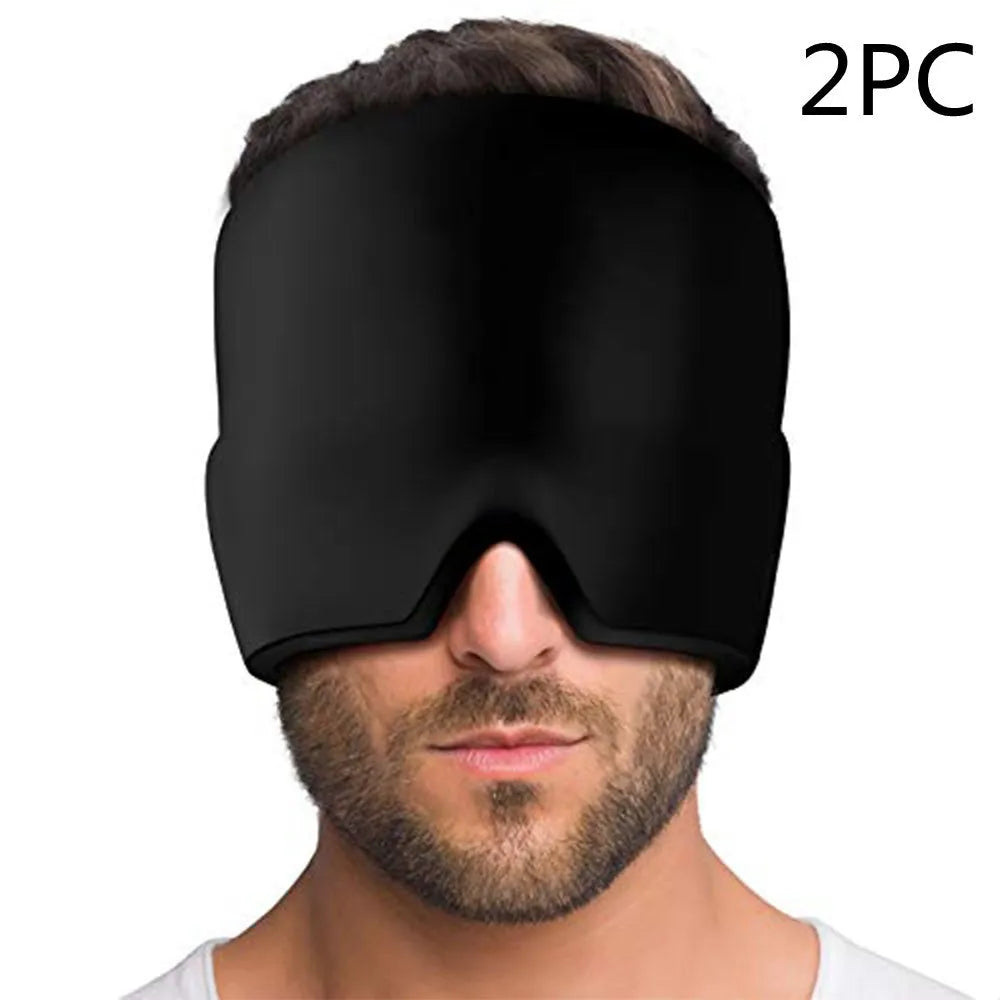 Black reusable gel ice mask for eyes and forehead on a white background