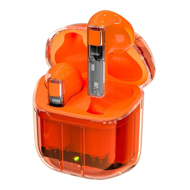 Wireless TWS headphones in multiple colours with transparent charging case.