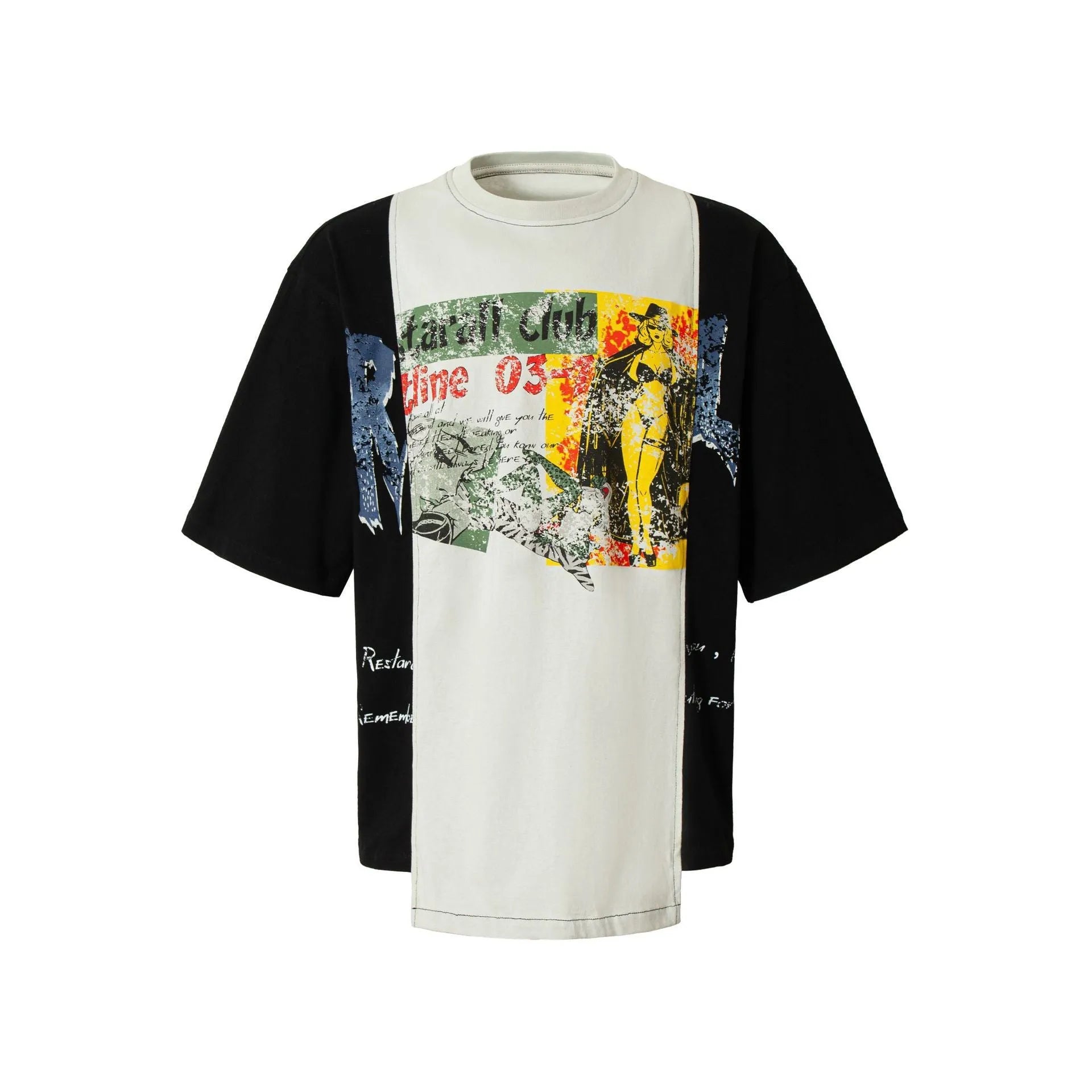 Black and white deconstruction print oversized t-shirt with stitching detail on cotton blend fabric