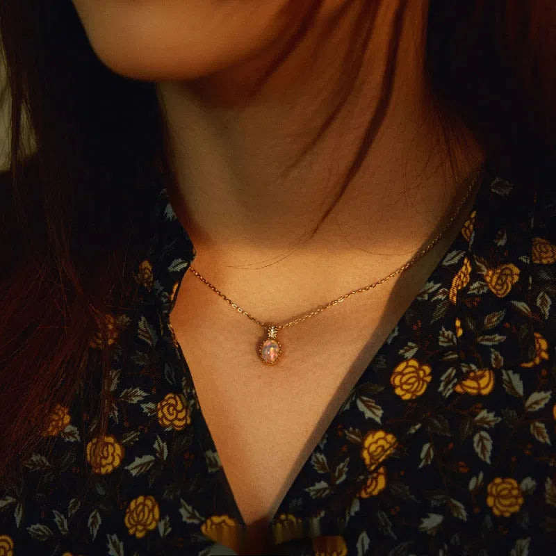 Geometric round copper pendant necklace with opal element for women