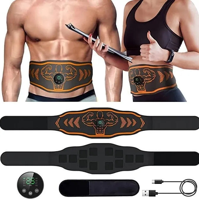 Smart EMS massage belt fitness equipment in orange and blue colours with rechargeable host and arm stickers