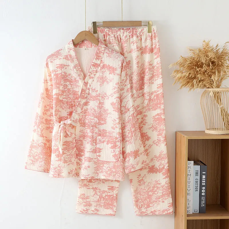 Women's pure cotton gauze lounge suit with long sleeve top and lace-up trousers in pink, blue or green